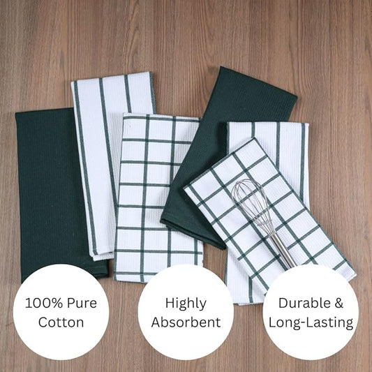 Assorted Waffle Kitchen Towels 100% Cotton Set of 6 - Heavy Duty 320 GSM Quality Dish Cloths Towel - Soft Absorbent Washable for Kitchen Use - Quick Drying Dish Towel 16x26 inch Green