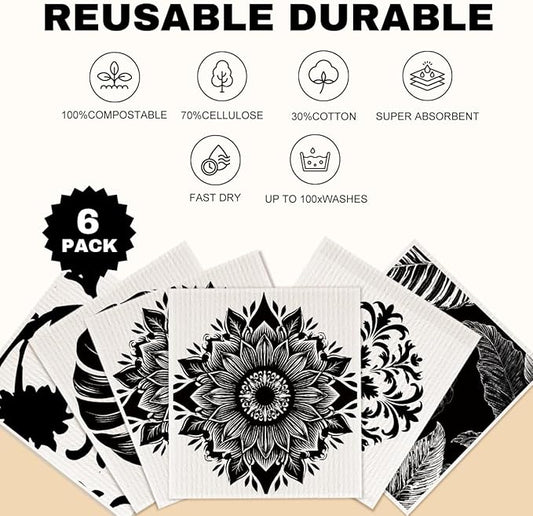 6 Pack Swedish Dishcloths for Kitchen, Geometric Dish Towels Reusable Paper Towels Washable Absorbent Cellulose Sponge Cloths No Odor for Cleaning Home Kitchen