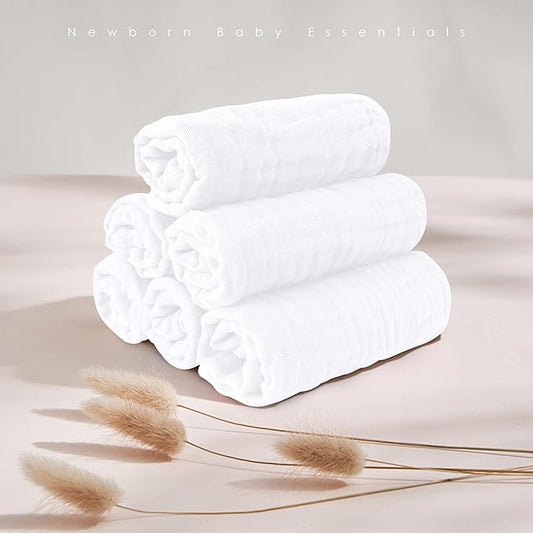 MOON PARK Baby Washcloths, 12 Pack - 12x12 Inches, Small Burp Cloths and Baby Wipes - 100% Cotton Muslin Ultra Soft for Newborn, Infant and Toddlers - White