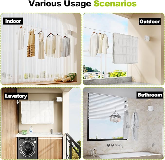 13.9 ft TPU Retractable Clothesline for Indoor & Outdoor – Heavy‑Duty Windproof Wall‑Mounted Drying Line with Separate Hanging Holes for Faster Drying, Ideal for Home, Balcony & Garden