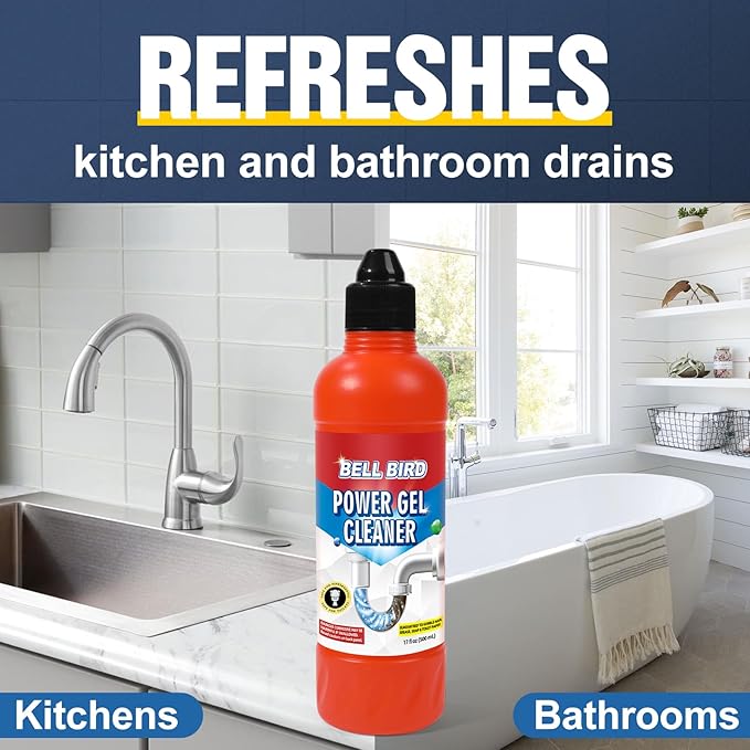 Bell Bird Drain Clog Remover & Pipe Cleaner - Thick Power Gel Dissolves Hair, Grease, and Soap Scum - Septic Safe Odor Eliminator for Kitchen Sinks, Tubs, Showers & Toilets (Pack of 1)