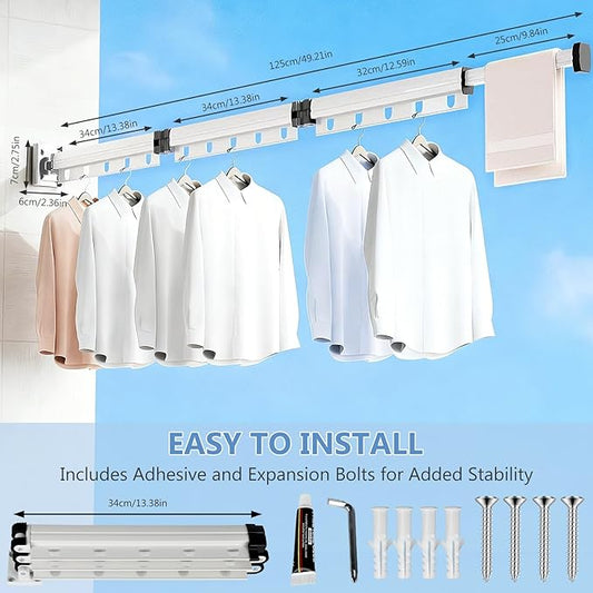 Clothes Drying Rack, Upgrade 3-Fold Wall Mounted Drying Rack Clothing, Laundry Space Saver Retractable Collapsible for Indoor Outdoor Balcony,Laundry,Bathroom, White