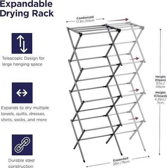 BLACK+DECKER 4-Tier Expandable Collapsible Clothes Drying Rack, Telescopic Height, Foldable Space-Saving Laundry Air Dryer for Towels, Shirts & Delicates – Durable Steel, No Tools Needed