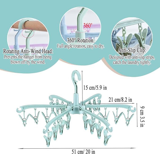 Foldable Drying Rack with 24 Clips for Drying Socks Lingerie Baby Clothes Drying Towels Rotatable Sock Drying Rack 2pcs (Green)