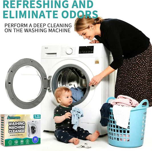 Washing Machine Cleaner Tablets,24 Pack Deep Cleaning Tablets for HE,Front & Top Load Washers - Eliminates Odor-Causing Buildup,Debris from the Drum,and Pet Hair,Septic Safe - 1 Year Supply
