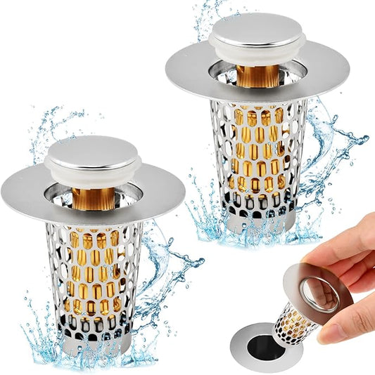 2Pack Bathroom Sink Stopper, Universal Drain Filter for Stainless Steel Floor Drain Filter, Universal Bathroom Sink Drains Pop-up Stopper with Filter Basket Hair Strainer(Color:Silver)