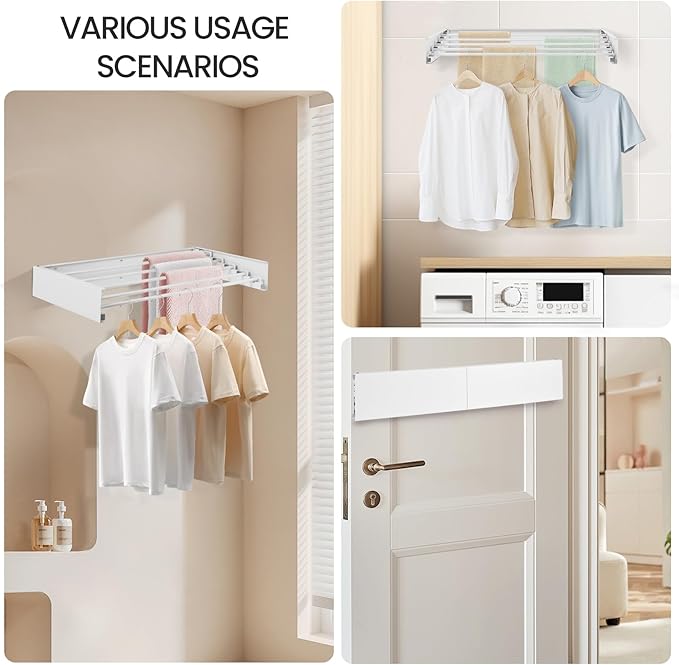 Wall Mounted Laundry Drying Rack, Carbon Steel Foldable & Retractable Clothes Drying Rack, Space Saving Adjustable Towel Holder for Bathroom, Laundry, Small Spaces (1, White, 80cm)
