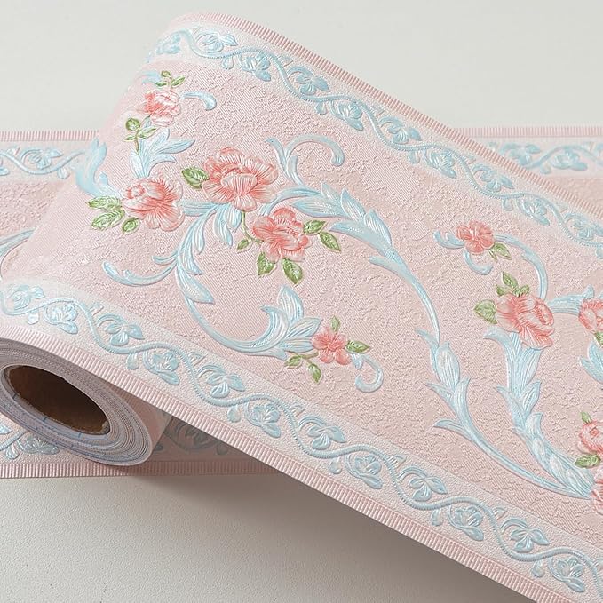 AbaBoorty Pink Flower Pattern Wallpaper Trim - 196"X4.1" Self-Adhesive Wall Border Sticker Decor for Bedroom & Living Room Walls