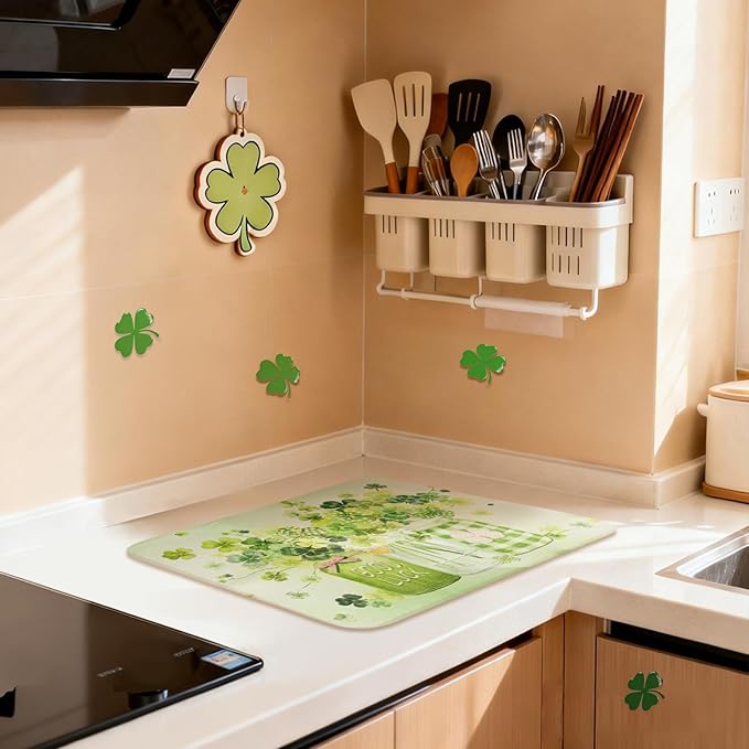 St Patrick's Day Dish Drying Mat, Ultra Absorbent St Patrick's Day Drying Mat for Kitchen Counter, Coffee Maker, 18 x 24 Inch