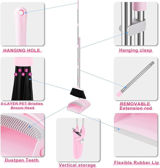 Broom and Dustpan Set House Brooms for Sweeping Indoor Collapsible Broom and Dust Pan Combo for Home Office Kitchen Lobby Floor Pet Hair (Pink)