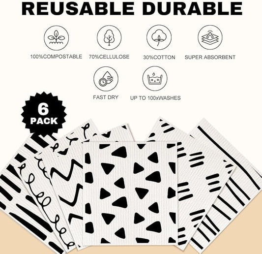 6 Pack Swedish Dishcloths for Kitchen, Black White Geometric Reusable Dish Cloths, Washable Absorbent No Odor Eco Cleaning Towels, Paper Towel Replacements, Kitchen Gifts for Women