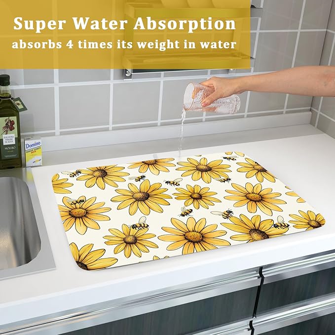 Spring Summer Sunflower Bee Dish Drying Mat of Kitchen Counter 16×18 Inch Floral Drainer Pad Flower Dish Rack Pad Drainer Mat Washable Absorbent Reversible Microfiber for Coffee Bar