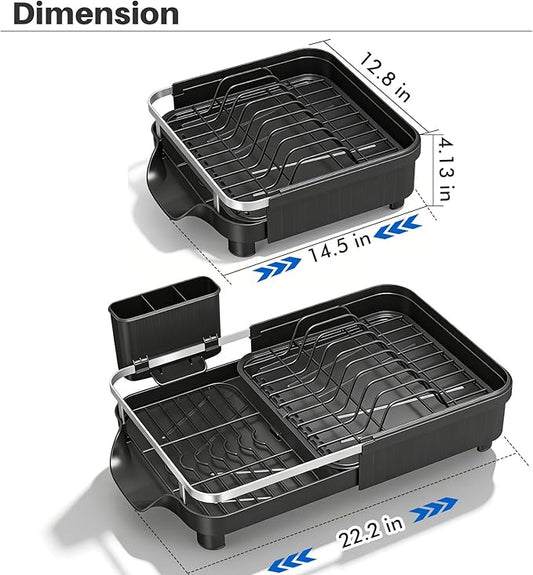 Kmiectse Dish Drying Rack – Expandable Dish Rack for Kitchen Counter, Stainless Steel Dish Drainer with Utensil Holder, Black