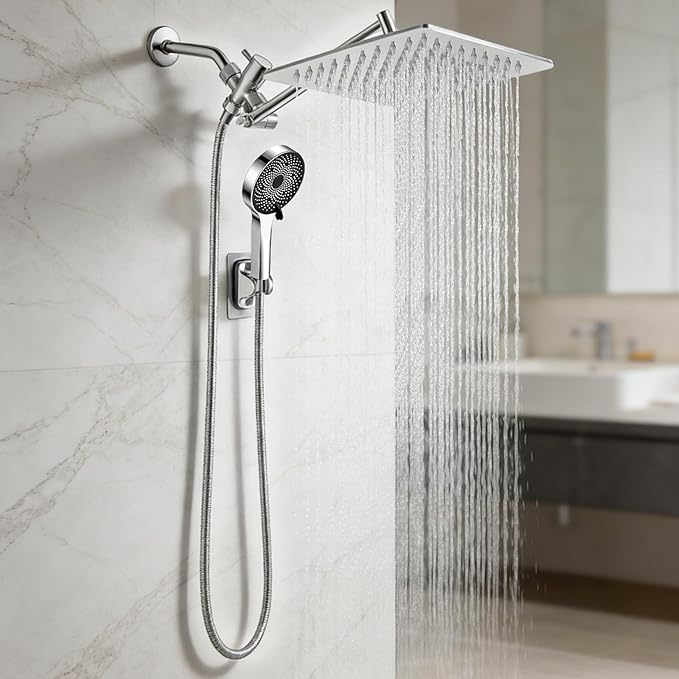 Shower Head,10”Rain Shower Head with Handheld Spray Combo with 11'' Angle Adjustable Extension Arm/Flow Regulator/Shower System,High Pressure Rainfall Shower Head Clean Bathroom,Matt Black
