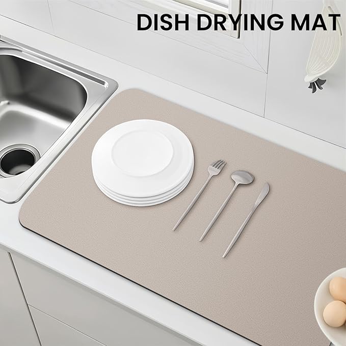 WISELIFE Dish Drying Mat Super Absorbent Drying Mat Large Dish Drying Mats for Kitchen Counter Easy Clean Dish Mat Kitchen Drying Mat18"x 36" Classic Khaki
