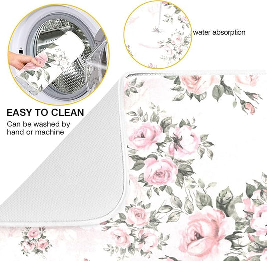 Floral Pink Roses Bouquets Dish Drying Mat for Kitchen Counter Absorbent Microfiber Drying Pad, Medium 16x18 in