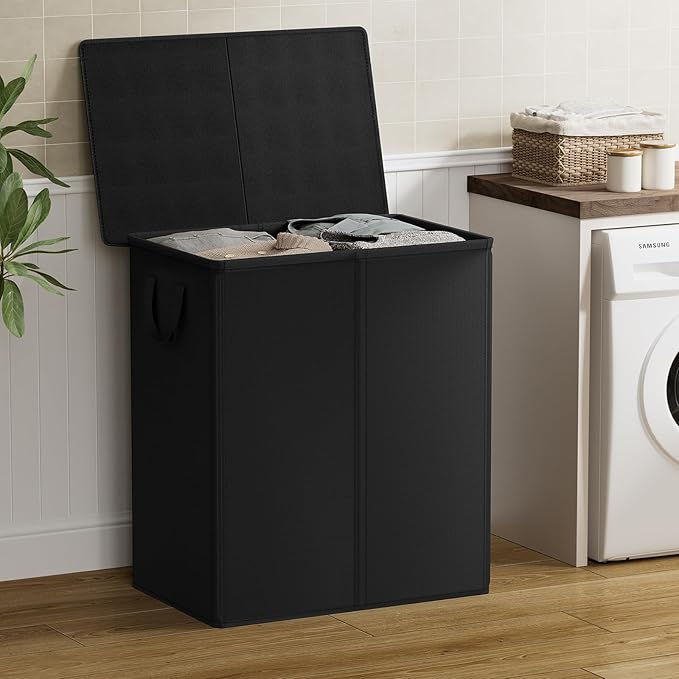 Chrislley 160L Laundry Hamper 2 Section, Double Laundry Basket with Lid, Large Dirty Clothes Hamper with Removable Liner Bags, Collapsible Laundry Organizer for Bedroom, Dorm,Black