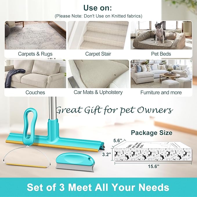 Carpet Rake for Pet Hair Removal (3 Pack), Dog Cat Fur Remover Rubber Broom, Stainless Steel Long Handle Lint Shaver Cleaner Tools, Scraper Brush for Carpet, Rug, Car Mat, Couch, Pet Bed