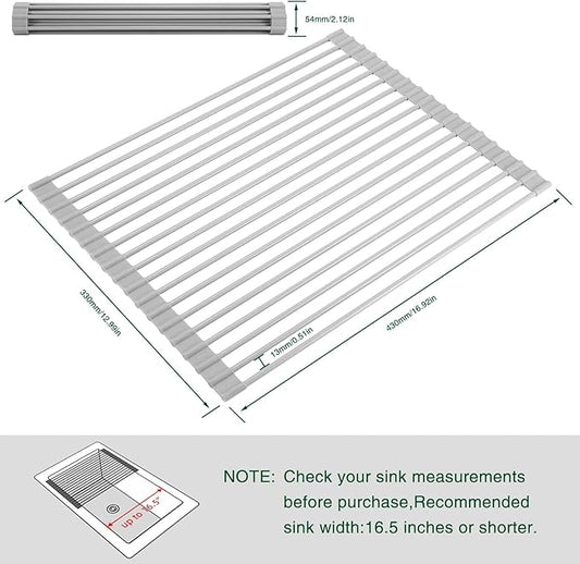 HANZENMA Roll Up Dish Drying Rack Over The Sink Kitchen Roll Up Sink Drying Rack Multipurpose Foldable Sink Drying Mat, Heat-Resistant, Anti-Slip & Anti-Rust Dish Rack for Kitchen, 17" x 13", Grey