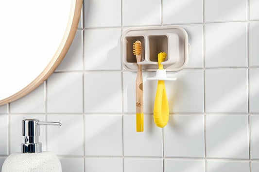 Silicone Suction Toothbrush Holder 2-Slot Wall Mounted Bathroom Organizer for Electric, Manual & Kids' Toothbrushes – Secure Suction Storage, Compact & Travel-Friendly – Sand Beige