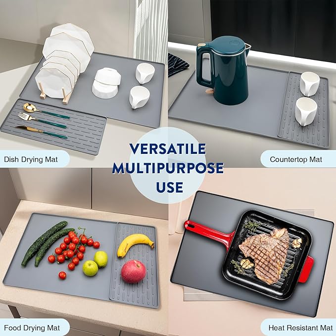Silicone Coffee Mat, 16"X7" Heat-Resistant,Eco-friendly,Hygienic Drying Pad,Leak-Proof and Non-Slip,Removable Silicone Mat with Concave and Convex Design,(Gray 16X7)