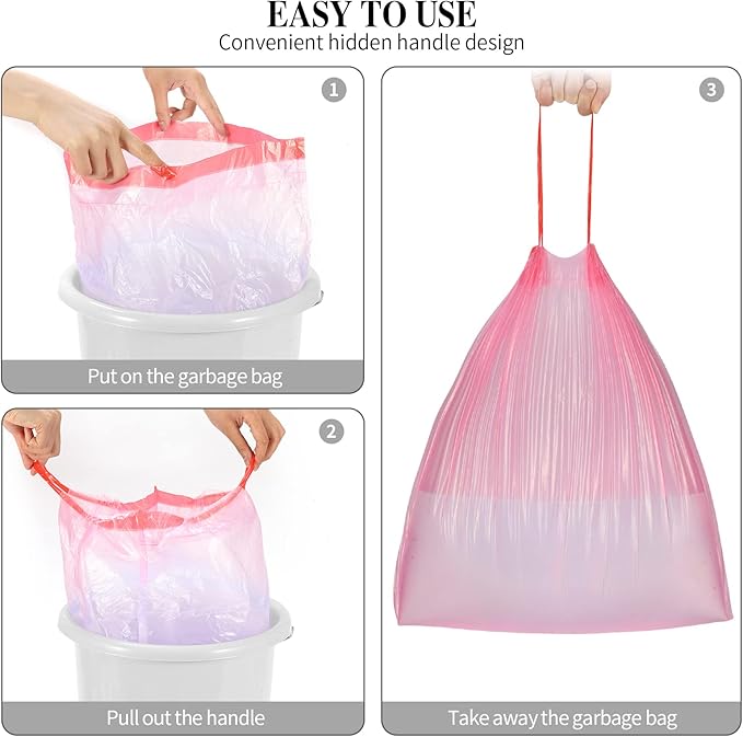 3Rolls Drawstring Small Trash Bags,4 Gallon Thicken Drawstring Small Garbage Bags for Kitchen,Bathroom,Bedroom,Home,Office Trash Cans,60 Counts (Pink)