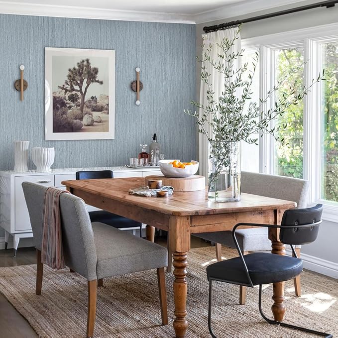 Timeet Peel and Stick Wallpaper Grasscloth Textured Contact Paper 15.74"" x393.7 Faux Linen Self-Adhesive Removable Wallpaper for Walls Furniture, Blue