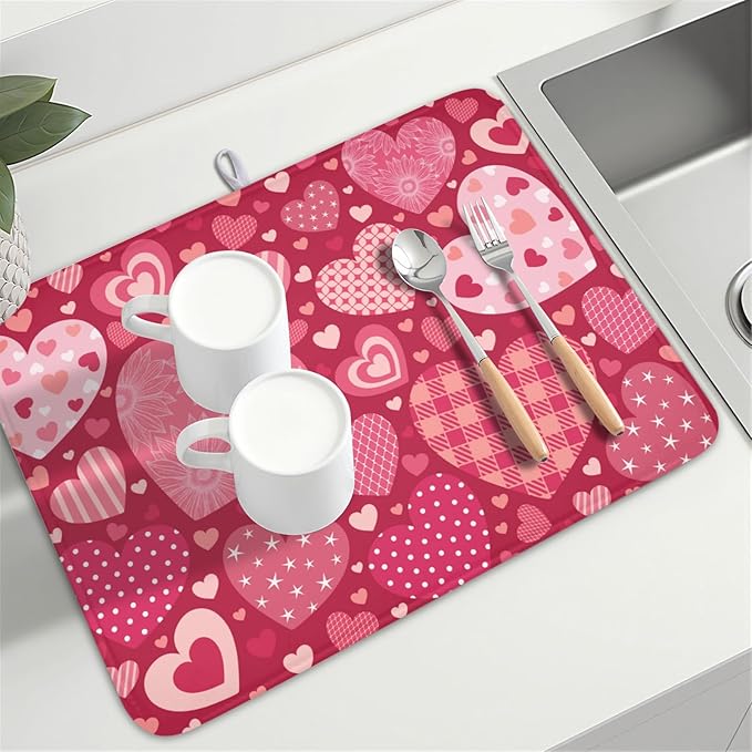 Valentine's Day Dish Drying Mat 18 x 24 Inch Heart Shaped Pattern Dish Drying Pad Absorbent Microfiber Mats for Red Dish Rack Pad for Kitchen Counter Coffee Bar Decor