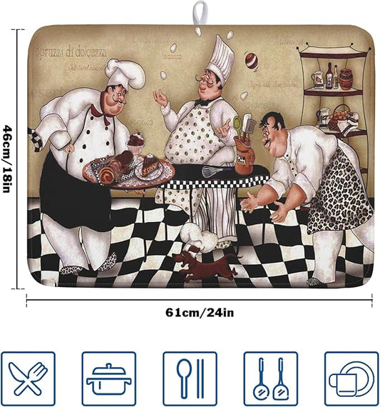 Fat Chef Dish Drying Mat For Kitchen Counter 18x24 Inch Microfiber Absorbent Drying Pad Chef Kitchen Drying Mat Dishes Pad Dish Drainer Rack Mats For Coffee Bar Decor Mats