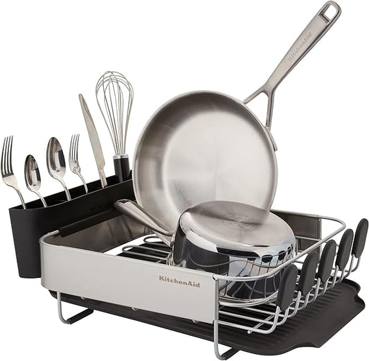KitchenAid Compact, Space Saving Rust Resistant Dish Rack with Removable Flatware Caddy and Angled Self Draining Drainboard, 16.06-Inch, Black