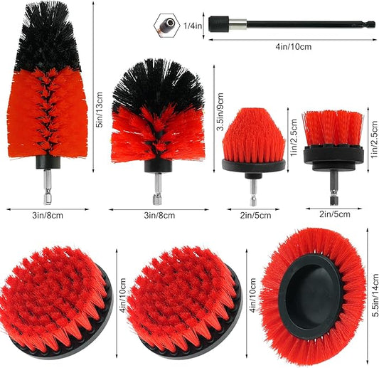 8 Pcs Drill Brush Attachment Set, Power Cleaning Scrub Brush Kit with Extend Long Attachment, All Purpose Drill Scrub Brushes for Car, Grout, Floor, Tub, Bathroom and Kitchen (red)