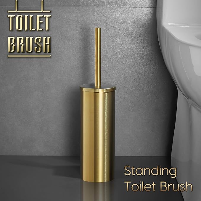 Toilet Bowl Brush Stainless Steel Gold Toilet Brush and HolderSet,Silicone + Bristle Dual-Head Toilet Brush Holder (Gold)