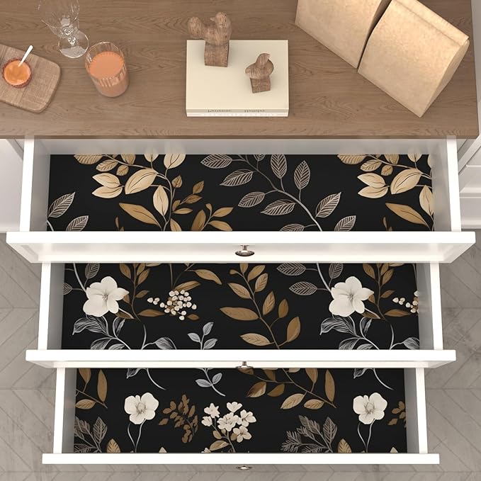 Laatse Black Floral Wallpaper Peel and Stick Vintage Leaf Contact Paper Waterproof Self Adhesive Removable Modern Boho Wall Paper for Bedroom Cabinets Kitchen Locker Drawer 17.5"X118"