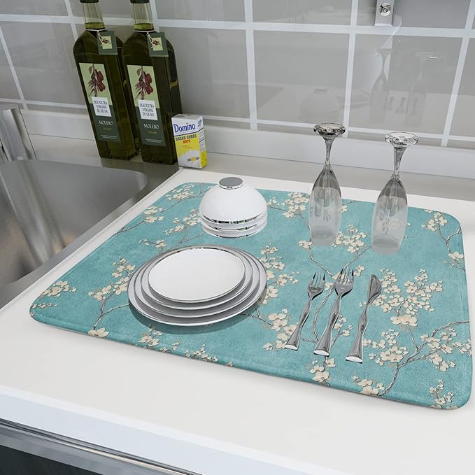 Teal Turquoise Dish Drying Mat for Kitchen Counter Spring Floral Drying Mat 18 x 24 Inch with Absorbent Reversible Microfiber Dish Drying Pad Dish Rack Drainer Mat for Coffee Bar