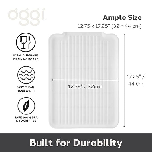 Oggi Dish Drain Board and Drying Rack Tray for Kitchen Counter, Plastic Drainboard with Raised Ridges, 12.75 x 17.25 inches - White