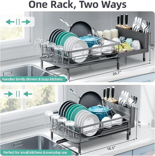 Urackify Large Dish Drying Rack, Expandable Dish Racks for Kitchen Counter, Multifunctional Dish Drainer with Utensil Holder & Cup Holder, 18.5"-26.7" L x 12.7" W, Gray