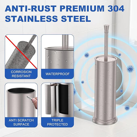Toilet Brush and Holder Set:304 Stainless Steel Heavy Duty Toilet Bowl Brush,Removable Inner Bowl and Splash Protection,Bathroom Toilet Brush-Dense Bristles for Through Cleaning