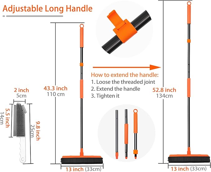 JEHONN Rubber Broom Carpet Rake for Pet Hair Remover, Fur Removal with Squeegee, Portable Detailing Brush Brush, 52.8 Inches Telescopic Long Handle for Fluff Carpet