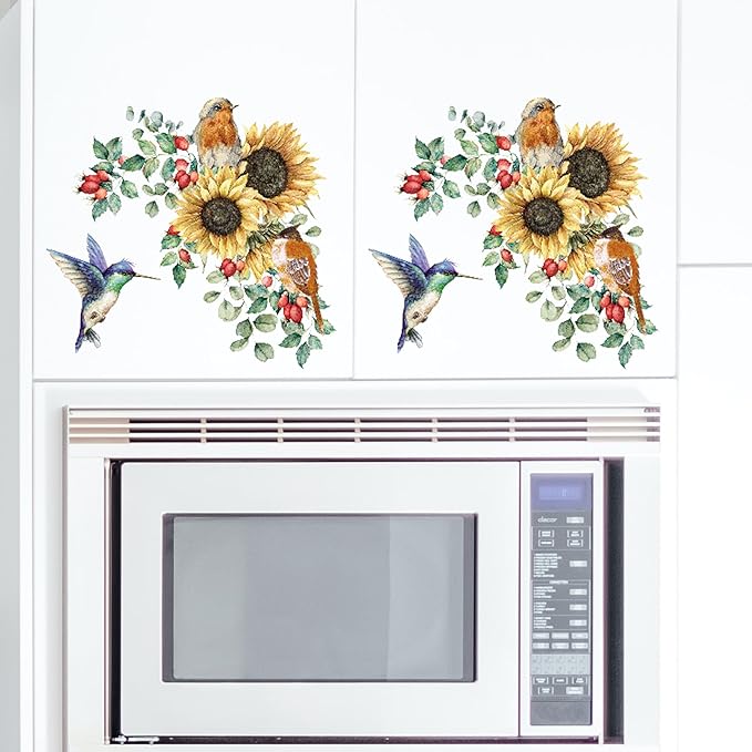 Sunflower Wall Stickers & Murals Bird Wall Decals Peel and Stick Yellow Flower Window Clings Watercolor Hummingbird Art Decor Wall Clings Kitchen Cabinet Decals for Bathroom Toilet Tank Girls Bedroom