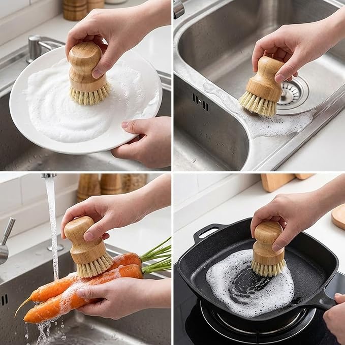 2 Pack Bamboo Dish Scrub Brush with Bamboo Pan Scraper Pot Scraper Non-Scratch Dish Scrapers Kitchen Cleaning Tools for Cast Iron Skillets, Cookware, Dishes, Pans Bowls, Plates and Pots