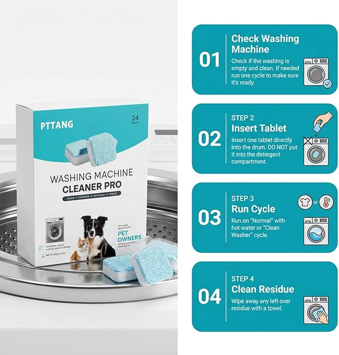 Washing Machine Cleaner Tablets for Pet Owners 24 Pack, Pet Hair Remover for Laundry, Septic Safe Removes Pet Hair Odor and Limescale