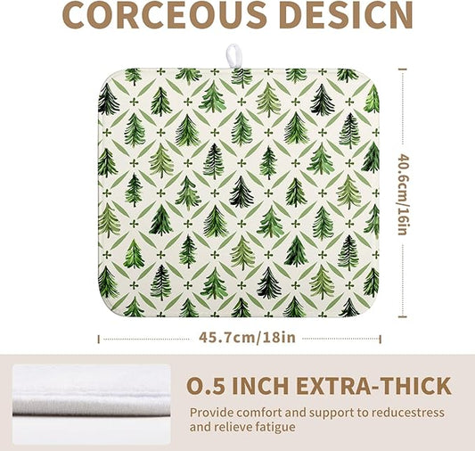 Christmas Dish Drying Mat for Kitchen Counter 16x18 Inch Sage Green Xmas Tree Drying Mats Winter Holiday Dish Drainer Pad Microfiber Absorbent Dish Draining Mat for Coffee Bar