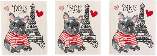 DII Swedish Dishcloths for Kitchen & Cleaning, Reusable, Machine Washable & Dishwasher Safe, Biodegradable, 7.75 x 6.75, Dog in Paris, 3 Piece