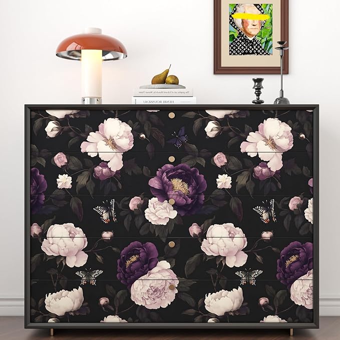 Dark Purple Floral Peelable Wallpaper, Vintage Black Botanical Flower Self Adhesive Removable Wall Paper for Bedroom Cabinet Drawer, Vinyl Retro Contact Paper Black Dark Purple 17.5In x 118In