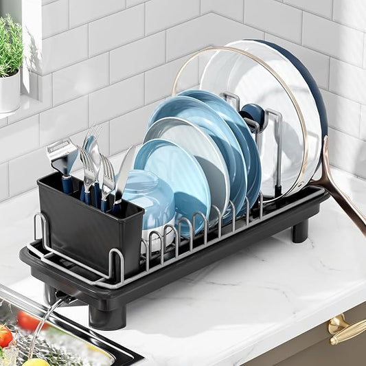 Compact Dish Drying Rack with Utensil Holder – Small Countertop Dish Drainer with 360° Rotating Drain Spout, Stainless Steel Dish Rack for Kitchen Sink, Space-Saving Design for Small Kitchen