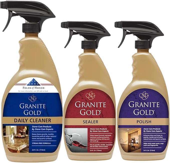 Granite Gold Stone Care Bundle – Daily Cleaner 32 oz, Sealer 24 oz & Polish 24 oz – Complete Cleaning, Sealing & Shine Kit for Granite, Marble, Quartz & Natural Stone Countertops