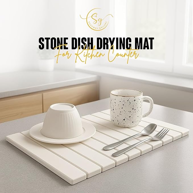 Large Stone Dish Drying Mat for Kitchen Counter, Instant Drying Pad, Super Absorbent Foldable Dish Drying Mat, 24"Γ16", White