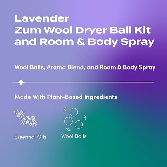 Zum Wool Dryer Balls Kit Plus Zum Mist - 3 Wool Balls with Essential Oil Blend & Room & Body Mist - Lavender