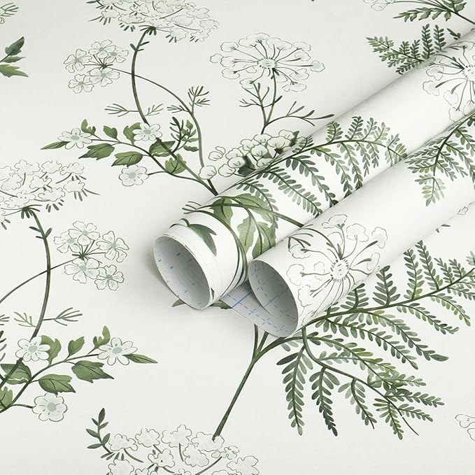 Timeet Peel and Stick Wallpaper Boho Green White Floral Leaf Contact Paper 16.14"x118.11" Flower Wallpaper Removable Self Adhesive Wall Paper for Walls Covering Vinyl Roll