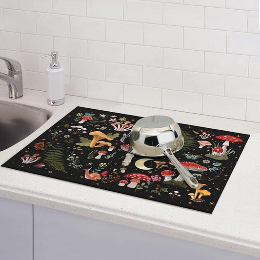 Mushroom Dish Drying Mat for Kitchen Counter 18"x24" Moth Gothic Witchy Dishes Pad Dish Drainer Rack Mats Microfiber Washable Absorbent Kitchen Decor, Black